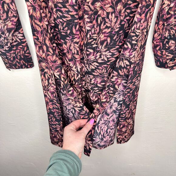 Peruvian Connection Leaf Print Silk Long Sleeve Collared Tunic Shirt Dress Med - Picture 7 of 14